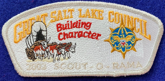 Great Salt Lake 2002 Scout-O-Rama Commerative CSP SA-107. Embroidered Bull-Drawn Covered Wagon with 'Building Character' and 