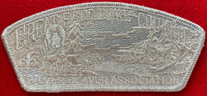 Great Salt Lake Council Silver Beaver Association Commerative CSP SA-128. Full Patch Ghosting in Silver Mylar Thread. Embroidered Bull-Drawn Covered Wagon, Wooded Background, and Beaver Details. Silver Mylar Border. Mint Condition.