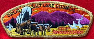 Great Salt Lake Council, Utah 70th Anniversary Commerative Edition CSP SA-12. Embroidered Bull-Drawn Covered Wagon Infront of Dark Purple Mountainscape Details. Gold Mylar Border. Mint Condition.