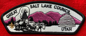 Great Salt Lake Council, Utah CSP SA-13. Embroidered Black and White Bull-Drawn Covered Wagon Infront of Light Purple Mountainscape and Beehive Details. Mint Condition.