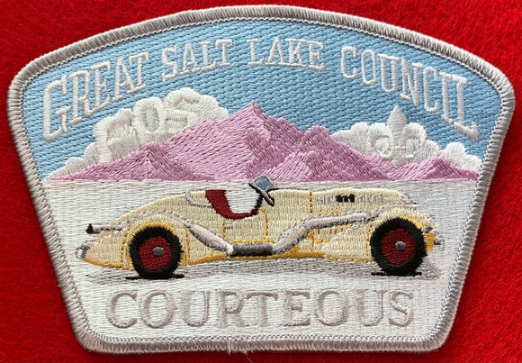 Great Salt Lake Council Friends of Scouting (FOS) Edition CSP SA-143. Embroidered White Convertible on Salt Flat Background with 'Courteous' Detail. Silver Border. Mint Condition.