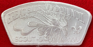 Great Salt Lake Council 2006 Scout-O-Rama Commerative CSP SA-153. Full Patch Ghosting in White Thread. Embroidered Eagle Head and 'Scouting Has Heroes' Details. White Border. Mint Condition.