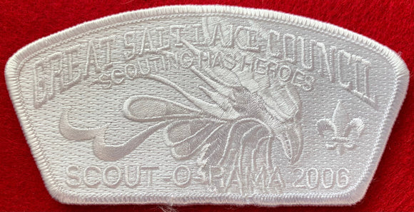 Great Salt Lake Council 2006 Scout-O-Rama Commerative CSP SA-153. Full Patch Ghosting in White Thread. Embroidered Eagle Head and 'Scouting Has Heroes' Details. White Border. Mint Condition.