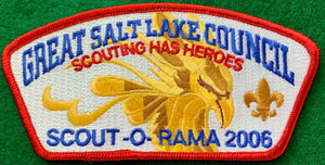 Great Salt Lake Council 2006 Scout-O-Rama Commerative CSP SA-154. Full Color Embroidered Eagle Head and 'Scouting Has Heroes' Details. Red Border. Mint Condition.