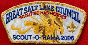 Great Salt Lake Council 2006 Scout-O-Rama Commerative CSP SA-155. Full Color Embroidered Eagle Head and 'Scouting Has Heroes' Details. Gold Mylar Border. Mint Condition.