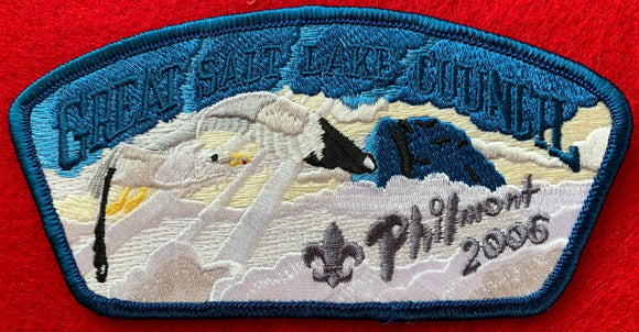 Great Salt Lake Council 2006 Philmont Trek Commerative CSP SA-158. Full Color Embroidered Seagull Flying Across Blue and White Sky Background. Steel Blue Border. Mint Condition.