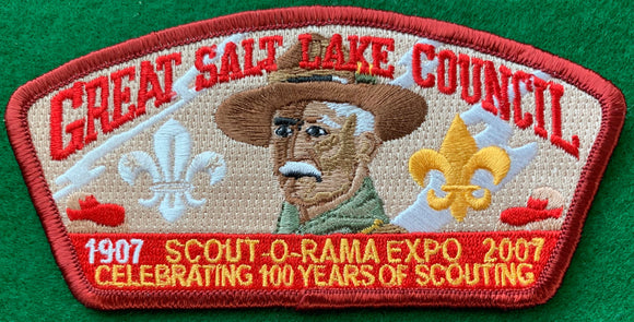 Great Salt Lake Council 2007 Scout-O-Rama Expo Commerative 100th Anniversary (1907-2007) CSP SA-164. Embroidered Lord Robert Baden-Powell Potrait Detail. Dark Red Border. Mint Condition.