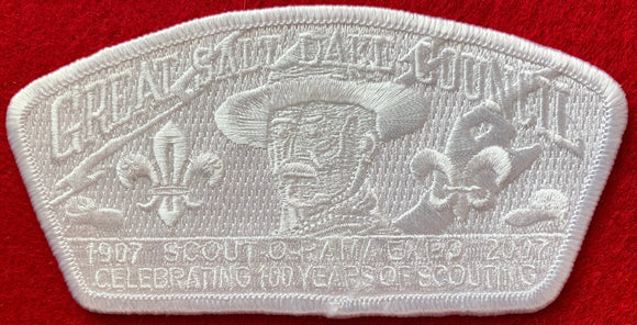 Great Salt Lake Council 2007 Scout-O-Rama Expo Ghost Commerative 100th Anniversary (1907-2007) CSP SA-165. Full Coverage Ghosting; White Thread. Embroidered Lord Robert Baden-Powell Potrait Detail. White Border. Mint Condition.