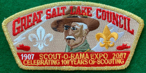 Great Salt Lake Council 2007 Scout-O-Rama Expo Commerative 100th Anniversary (1907-2007) CSP SA-166. Embroidered Lord Robert Baden-Powell Potrait Detail. Gold Mylar Border. Mint Condition.