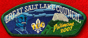 Great Salt Lake Council 2007 Philmont Trek Commerative CSP SA-170. Full Color Embroidered Rocky Mountainside with Dark Blue Background. Blue Lord Robert Baden-Powell Portrait Ghosted into Background. Dark Green Border. Mint Condition.