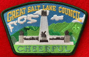 Great Salt Lake Council Friends of Scouting (FOS) Edition CSP SA-176. Embroidered 'Cheerful' Detail. Dark Green Border. Mint Condition.