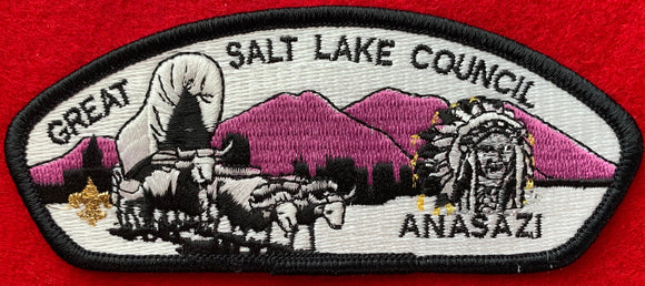 Great Salt Lake Council, Utah CSP SA-17. Embroidered Black and White Bull-Drawn Covered Wagon Infront of Light Purple Mountainscape and Silver Mylar Anasazi Chieftan Details. Mint Condition.