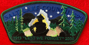 Great Salt Lake Council CSP SA-182. Embroidered '1913 - 2008 .... "Lest We Forget"' and Scout Sitting Infront of Campfire during the Night Detailing. Dark Green Border. Dark Green Border. Mint Condition.