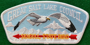 Great Salt Lake Council CSP SA-187. Embroidered Flying Full-Color Seagull with 'Seagull State Bird' on Red Arrow Details. Light Blue Background, White Border. Mint Condition.