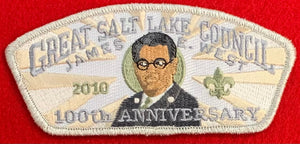 Great Salt Lake Council 2010 Friends of Scouting (FOS) Edition CSP SA-203. Embroidered James E. West Portrait, '100th Anniversary,' and Starburst Background Detailing. Silver Mylar Border. Mint Condition.