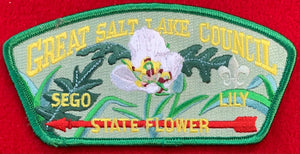 Great Salt Lake Council CSP SA-205. Embroidered Full-Color Sego Lily Flower with 'Sego Lily: State Flower' on Red Arrow Details. Light Green Background, Green Border. Mint Condition.