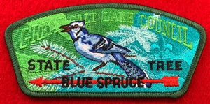 Great Salt Lake Council CSP SA-213. Embroidered Blue Jay Perched on a Blue Spruce Tree with 'Blue Spruce: State Tree' on Red Arrow Details. Dark Green Border. Mint Condition.