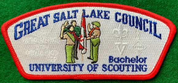 Great Salt Lake Council 'Bachelor' University of Scouting Commerative CSP SA-228. Embroidered Scouts infront of a Canadian Flag. 