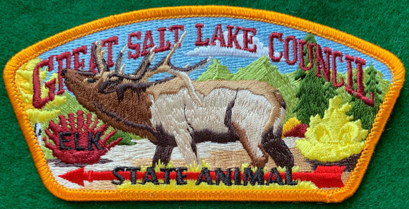 Great Salt Lake Council CSP SA-237. Embroidered Full Color Elk Detail on Multicolor Wooded Background. 'Elk' and 'State Animal' Text Embroidered onto Red Arrow. Light Orange Border. Mint Condition.