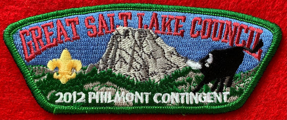 Great Salt Lake Council 2012 Philmont Contigent Commerative CSP SA-241. Embroidered Bucking Bull (Philmont Logo) over Rocky Mountain Landscape Background. Green Mylar Border. Mint Condition.