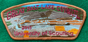 Great Salt Lake Council 2013 University of Scouting Commerative CSP SA-242. Embroidered Bingham Canyon Mine Background. Brown Mylar(?)  Border. Mint Condition.