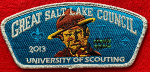 Great Salt Lake Council 2013 University of Scouting Commerative CSP SA-244. Embroidered "Green Bar" Bill Portrait and his Logo. Silver Mylar Border. Mint Condition.