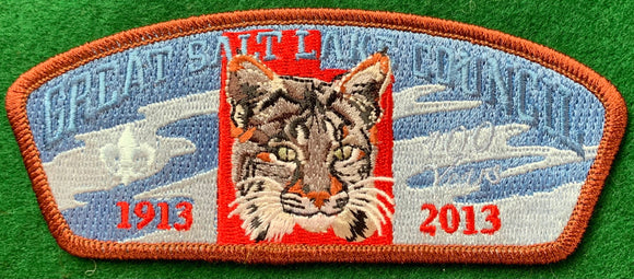 Great Salt Lake Council 1913 - 2013 '100 Years' Commerative CSP SA-247. Embroidered Bobcat/Lynx Head Detailing. Brown Border. Mint Condition.