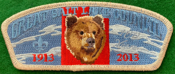 Great Salt Lake Council 1913 - 2013 '100 Years' Commerative CSP SA-249. Embroidered Grizzly Bear Head Detailing. Silver Mylar Border. Mint Condition.