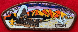 Great Salt Lake Council, Utah CSP SA-24. Embroidered Full-Color Bull-Drawn Covered Wagon Infront of Orange/Yellow Mountainscape Detail. Brown Border. Mint Condition.