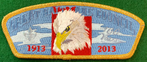 Great Salt Lake Council 1913 - 2013 '100 Years' Commerative CSP SA-251. Embroidered Bald Eagle Head Detailing. Gold Mylar Border. Mint Condition.