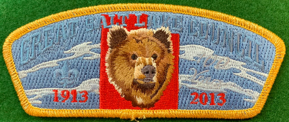 Great Salt Lake Council 1913 - 2013 '100 Years' Commerative CSP SA-250:2. Embroidered Grizzly Bear Head Detailing. Gold Mylar Border. Mint Condition.