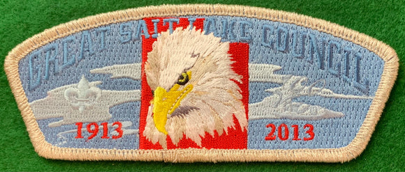 Great Salt Lake Council 1913 - 2013 '100 Years' Commerative CSP SA-250. Embroidered Bald Eagle Head Detailing. Silver Mylar Border. Mint Condition.