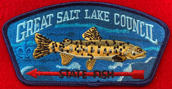 Great Salt Lake Council CSP SA-252. Bonneville Cutthroat Trout and 'State Fish' Text over Red Arrow Embroidered Detailing. Dark Blue Border. Mint Condition.