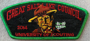 Great Salt Lake Council 2014 University of Scouting Commerative CSP SA-258:3. "Green Bar" Bill Embroidered Portrait with His Logo Detailing. Green Mylar Border. Mint Condition.