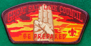 Great Salt Lake Council CSP SA-260. Embroidered Scout Sign with 'BE PREPARED' Text Along Bottom of Patch. Brown Border. Mint Condition.