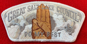 Great Salt Lake Council CSP SA-261. Embroidered Scout Sign with 'DO MY BEST' Text Along Bottom of Patch. White Border. Mint Condition.