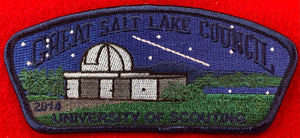 Great Salt Lake Council 2014 University of Scouting Commerative CSP SA-265. Embroidered Stansbury Park Observatory Detail. Dark Blue Border. Mint Condition.