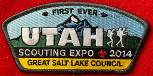 Great Salt Lake Council 'First Ever' Scouting Expo 2014 Commerative CSP SA-266. Tall CSP Design with Embroidered Mountain Range with Two Hiker Details. Gray Border. Mint Condition.