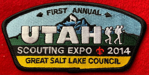 Great Salt Lake Council 'First Annual' Scouting Expo 2014 Commerative CSP SA-267. Tall CSP Design with Embroidered Mountain Range with Two Hiker Details. Black Border. Mint Condition.