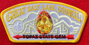 Great Salt Lake Council CSP SA-269. Embroidered Full Color Gem on Light Yellow Crown Detailing. 'Topaz' and 'State Gem' Text Embroidered onto Red Arrow. Yellow Border. Mint Condition.