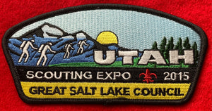 Great Salt Lake Council Scouting Expo 2015 Commerative CSP SA-273. Tall CSP Design with Embroidered Mountain Range with Four Hikers Detailing. Black Border. Mint Condition.