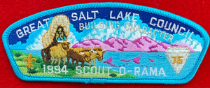 Great Salt Lake Council 1994 Scout-O-Rama Commerative CSP SA-27. Diamond Jubilee (75th Anniversary) Embroidered Logo Detail. Light Blue Border. Mint Condition.