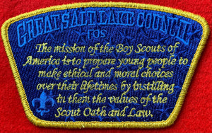 Great Salt Lake Council Friends of Scouting (FOS) Commerative Edition Tall CSP SA-280. Gold Mylar Embroidered Boy Scouts of America Mission Statement Detailing. Gold Mylar Border. Mint Condition.