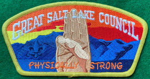 Great Salt Lake Council CSP SA-285. Embroidered Scout Sign and 'Physically Strong' Text Detailing. Gold Border. Mint Condition.