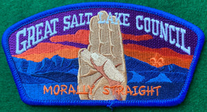 Great Salt Lake Council CSP SA-287. Embroidered Scout Sign and 'Morally Straight' Text Detailing. Dark Blue Border. Mint Condition.