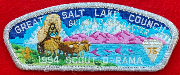 Great Salt Lake Council 1994 Scout-O-Rama Commerative CSP SA-28. Diamond Jubilee (75th Anniversary) Embroidered Logo Detail. Silver Mylar Border. Mint Condition.