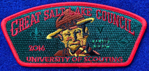 Great Salt Lake Council 2016 University of Scouting Commerative CSP SA-290. Embroidered "Green Bar Bill" Portrait and Logo on Dark Green Background. Red Border. Mint Condition.