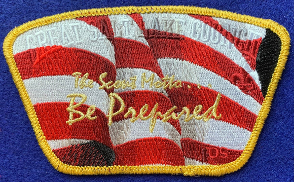 Great Salt Lake Council Friends of Scouting (FOS) Commerative Edition Tall CSP SA-300. Gold Mylar Embroidered Boy Scouts of America Motto Detailing. American Flag Red and White Stripping Background. Gold Mylar Border. Mint Condition.