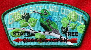 Great Salt Lake Council CSP SA-301. Embroidered Full-Color Hummingbird(?) on Quaking Aspen Branch Detailing. 'Quaking Aspen - State Tree' Text Embroidered on Lower Half. Green Border. Mint Condition.