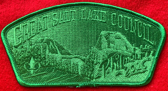 Great Salt Lake Council 2016 Philmont Trek Commerative Edition CSP SA-306. Full-Coverage Green Ghosting. 'Tooth of Time' Landscape Embroidered Detailing. Green Border. Mint Condition.